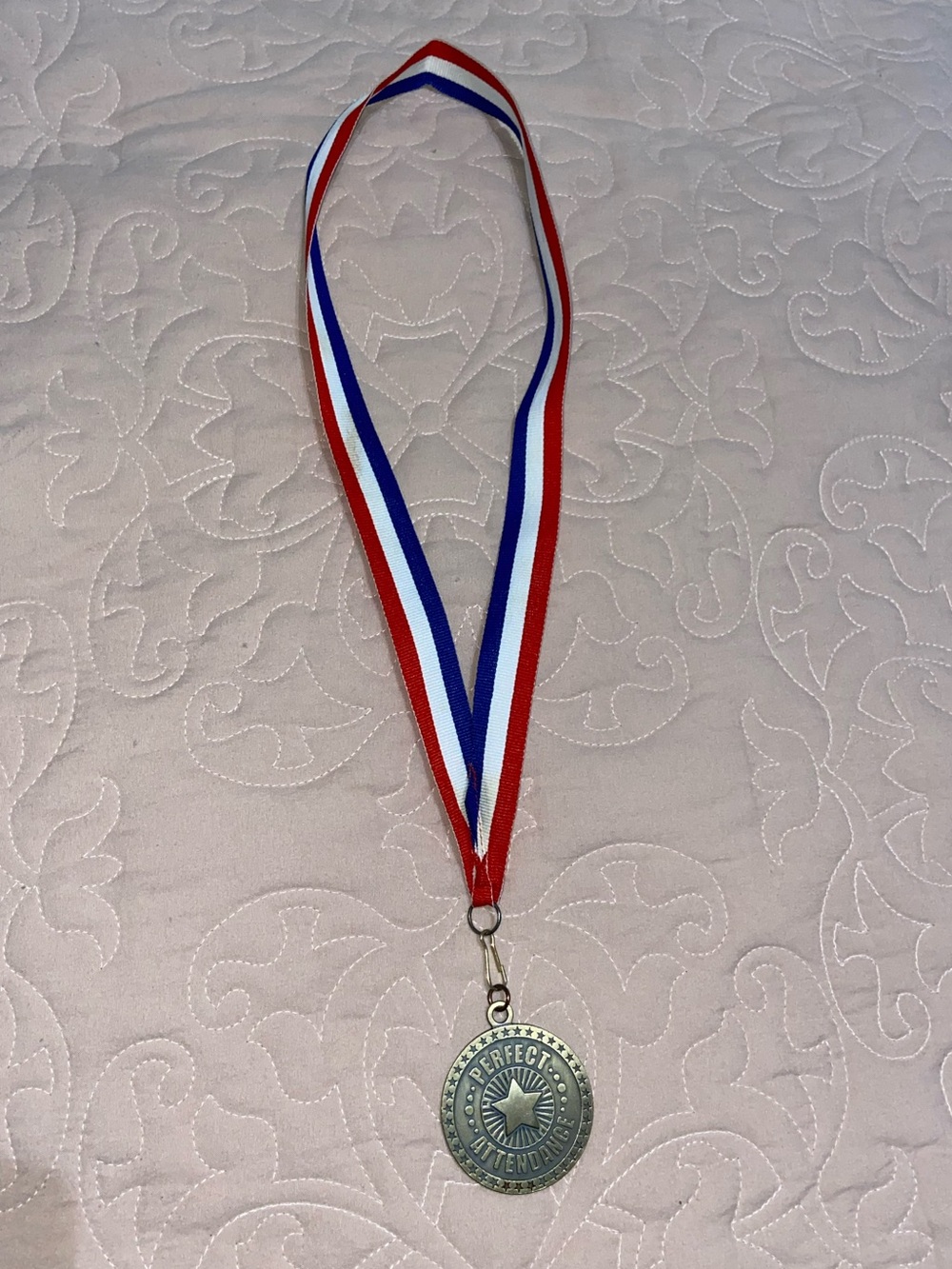 Perfect Attendance Red White Blue Medal Necklace with Metal Star Pendant
